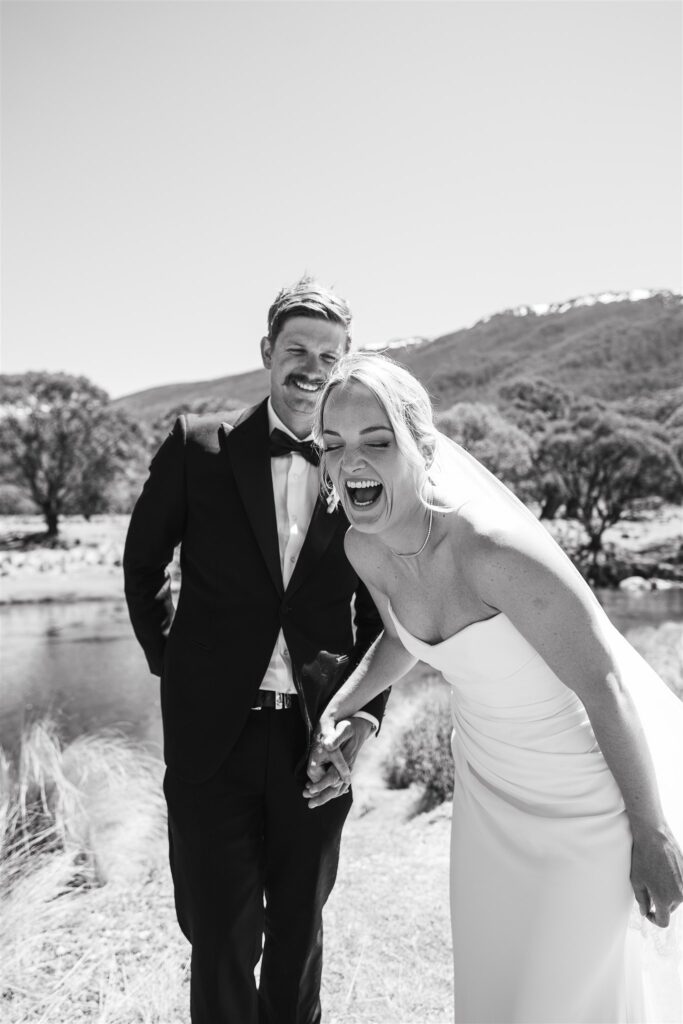 First look laughs at Tinkersfield in the Snowy Mountains NSW by natural, relaxed wedding photographer Scott Surplice